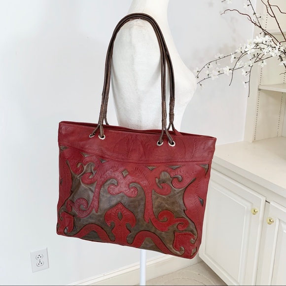 Leaders in Leather Handbags - Leaders in Leather Cut Out Tooled Leather Bag Red